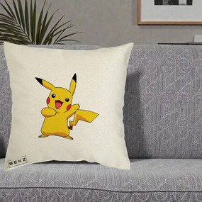 Perna Personalizata Pikachu Fericit, 40x40 cm, Ecru, Husa Detasabila, Perna Inclusa, BEKZ®