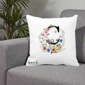 Cadou Personalizat - Perna Personalizata Monogram Litera C cu Flori Acuarela, 40x40 cm, Alba Mata, Husa Detasabila, Perna Inclusa, BEKZ®