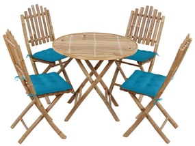 Set mobilier de exterior pliabil, cu perne, 5 piese, bambus Albastru deschis, 40 x 40 x 7 cm, 5
