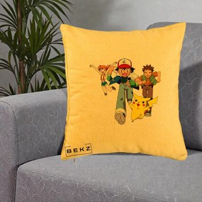 Perna Personalizata Pokemon Ash Misty Brock si Pikachu, 40x40 cm, Galben, Husa Detasabila, Perna Inclusa, BEKZ®