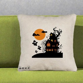 Perna Decorativa Halloween Casa Bantuita cu Fantome, 40x40 cm, Bej Canapea, Husa Detasabila, Perna Inclusa, BEKZ®