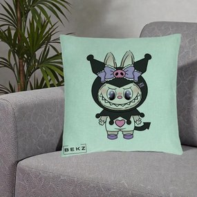 Perna Personalizata Labubu x Kuromi, 40x40 cm, Verde Menta, Husa Detasabila, Perna Inclusa, BEKZ®