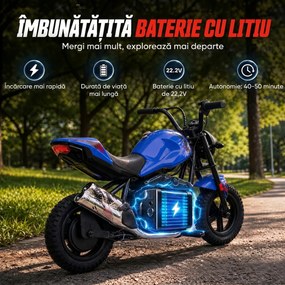 AIYAPLAY Motocicletă electrică pentru copii, stil Harley, 24 V, 6-12 ani, roți din cauciuc 30 cm, albastră | Aosom Romania