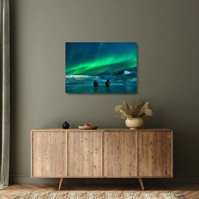 Tablou pe sticlă cu oameni la Aurora borealis (70x50 cm)