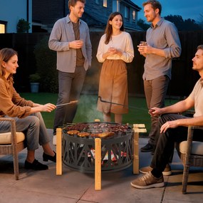 Outsunny Cuva pentru foc 2-in-1 Ø75 x 58 cm Vatră cu protecție la scântei Cârlig de întreținere Grătar Negru | Aosom Romania