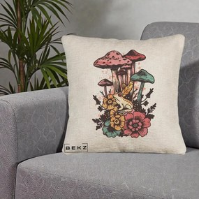 Perna Decorativa Ciuperci si Broaste Boho, 40x40 cm, Bej Canapea, Husa Detasabila, Perna Inclusa, BEKZ®
