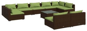 Set mobilier de gradina cu perne, 10 piese, maro, poliratan maro si verde, 2x colt + 7x mijloc + masa, 1