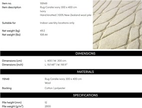 Covor design LUX din lana din Noua Zeelanda, Coralie Ivory 400x300cm