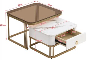 Set de Măsuțe de Cafea Suprapozabile din Marmură Lucioasă și Sticlă cu Detalii Aurii și Sertare, 60x60x42,5 cm + 50x50x34 cm, Alb