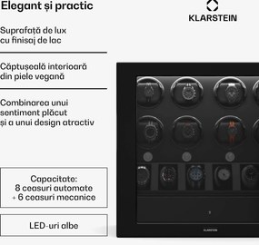 Klarstein Dispozitiv de întors ceasuri ChronoVault, 8+6 ceasuri, vegan, lucios, 4 moduri, Motor Mabuchi, LED, priză