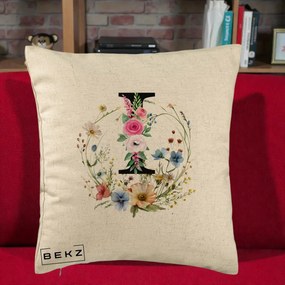Cadou Personalizat - Perna Personalizata Monogram Litera I cu Flori Acuarela, 40x40 cm, Bej, Husa Detasabila, Perna Inclusa, BEKZ®