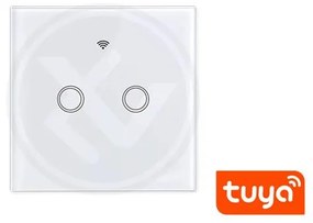 Intrerupator dublu smart, sticla securizata alba, control Tuya, Masterled