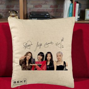 Perna Personalizata K-pop BLACKPINK Semnaturi, 40x40 cm, Bej, Husa Detasabila, Perna Inclusa, BEKZ®