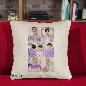Perna Personalizata K-pop BTS Colaj 7 Portrete cu Inimi Lila, 40x40 cm, Bej Canapea, Husa Detasabila, Perna Inclusa, BEKZ®