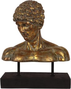 Bust decorativ din polirășină, auriu, tânăr cu păr cârlionțat, pe soclu negru, finisaj antichizat, 53 x 44 x 26 cm, „Apollon”