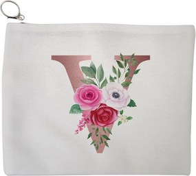 Portfard Cosmetice tip Plic, Cu litera V Rose Gold si Trandafiri, 23x18 cm, Alb, BEKZ®