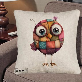 Perna Decorativa Pasare Patchwork Roz cu Floare, 40x40 cm, Bej Canapea, Husa Detasabila, Perna Inclusa, BEKZ®