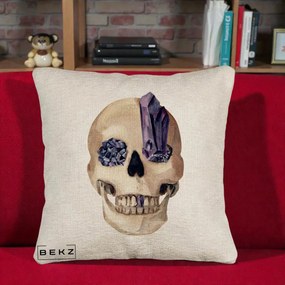 Perna Decorativa Craniu cu Cristale de Ametist, 40x40 cm, Bej Canapea, Husa Detasabila, Perna Inclusa, BEKZ®