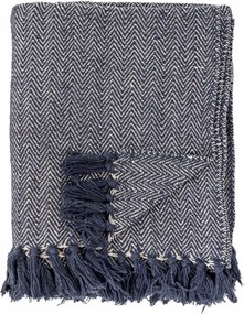 Patura din bumbac reciclat, albastru, model în spic în tonuri natur, franjuri decorative, finisaj țesut, 160 x 130 cm, „Herringbone”