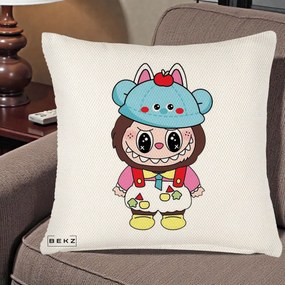 Perna Personalizata Labubu x Urs Albastru Colorat, 40x40 cm, Crem Reliefat, Husa Detasabila, Perna Inclusa, BEKZ®