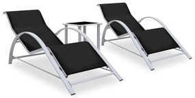 vidaXL Șezlonguri de plajă cu masă, 2 buc., negru, aluminiu