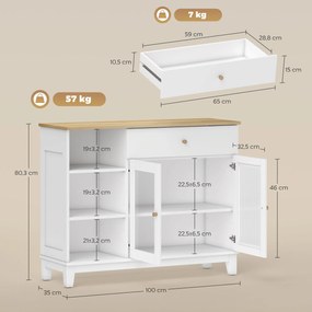 HOMCOM Bufet salon cu dulap cu uși din sticlă securizată nervurată, sertar, 3 compartimente deschise și rafturi reglabile, alb | Aosom Romania