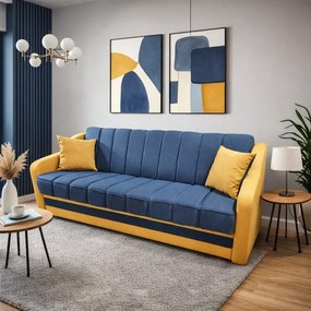 Canapea ALEX extensibila, 3 locuri, cu lada de depozitare, stofa albastru cu galben, 220x90x90 Albastru + Galben