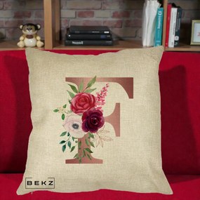 Cadou Personalizat - Perna Personalizata Monograma Rose Gold Litera F, 40x40 cm, Crem, Husa Detasabila, Perna Inclusa, BEKZ®