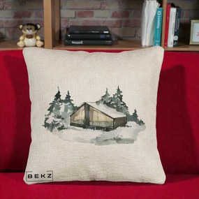 Perna Decorativa Cabana de Iarna in Padure, 40x40 cm, Bej Canapea, Husa Detasabila, Perna Inclusa, BEKZ®