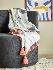 Pătură din bumbac reciclat, multicolor, cu motiv de pisică imprimat și dungi pe verso, cu ciucuri în colțuri, 160x130 cm, „Missy"
