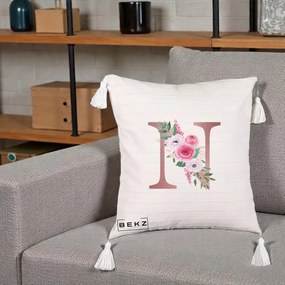 Cadou Personalizat - Perna Personalizata Monograma Rose Gold Litera N, 40x40 cm, Bej cu Franjuri, Husa Detasabila, Perna Inclusa, BEKZ®