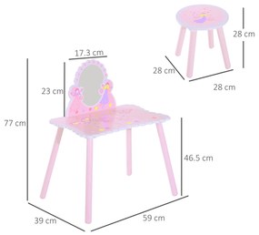 HOMCOM Masa de machiaj copii cu Oglindă și Scăunel peste 3 ani, Jucărie Educativă din Lemn și PP, Roz | Aosom Romania