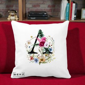 Cadou Personalizat - Perna Personalizata Monogram Litera A cu Flori Acuarela, 40x40 cm, Alba Mata, Husa Detasabila, Perna Inclusa, BEKZ®