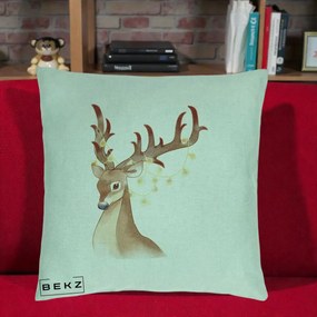 Perna Decorativa Ren cu Luminite de Craciun, 40x40 cm, Verde Menta, Husa Detasabila, Perna Inclusa, BEKZ®