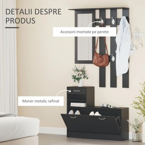 HOMCOM Dulap pentru Intrare Cuier cu Pantofar si Oglinda, Rafturi si Sertar, Dulap Cuier din PAL, 90x10x102 cm, Negru
