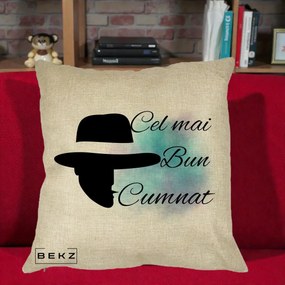 Cadou pentru Cumnat - Perna Personalizata Cel mai Bun Cumnat cu Silueta Palarie si Pete Teal-Roz, 40x40 cm, Crem, Husa Detasabila, Perna Inclusa, BEKZ®
