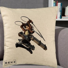 Perna Personalizata Attack on Titan Eren Yeager Lupta, 40x40 cm, Bej, Husa Detasabila, Perna Inclusa, BEKZ®