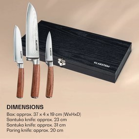 Kishiko, set de cuțite, oțel de damasc, 3 bucăți, foarte ascuțite, mânere din lemn de trandafir