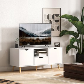 HOMCOM Mobilier TV de 50" cu Sertar, Raft Deschis și 2 Dulapuri, Mobilier TV cu 5 Picioare din Lemn, 110x40x50 cm, Alb | Aosom Romania