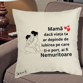Cadou pentru Mama - Perna Personalizata Mama Nemuritoare Kawaii, 40x40 cm, Ecru, Husa Detasabila, Perna Inclusa, BEKZ®