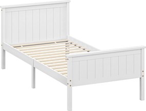 HOMCOM Cadru de pat 90 x 200 cm, pat simplu din lemn masiv cu somieră cu lamele, tăblie și tablie la picioare incluse, asamblare ușoară, alb | Aosom Romania