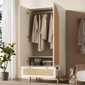 Dulap pentru haine cu 2 uși, front din ratan, sertar mare, rafturi reglabile pe înălțime și bară pentru haine, 180x85x52 cm, Alb