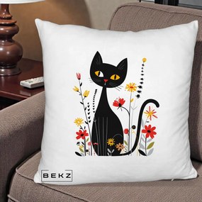 Perna Decorativa Pisica Neagra Ochi Galbeni Flori, 40x40 cm, Alb Pufos, Husa Detasabila, Perna Inclusa, BEKZ®