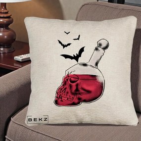 Perna Decorativa Halloween Craniu-Sticla cu Lilieci, 40x40 cm, Bej Canapea, Husa Detasabila, Perna Inclusa, BEKZ®