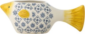 Ghiveci decorativ din ceramică albă în formă de pește cu model floral albastru pictat manual, 25×9×11 cm, „Wrenna"