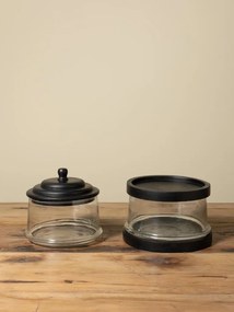 Set 2 borcane suprapuse din sticlă cu margini și capac din lemn de mango negru, finisaj antichizat, 37 × 25 cm, „Sylve"