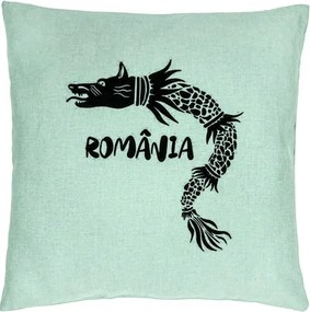 Perna Personalizata, Model Lup Dacic Romania, 40x40 cm, Verde Menta, Husa Detasabila, Perna Inclusa, BEKZ®