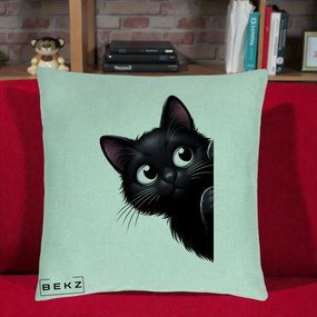Perna Decorativa Pisica Neagra Dragalasa Curioasa, 40x40 cm, Verde Menta, Husa Detasabila, Perna Inclusa, BEKZ®