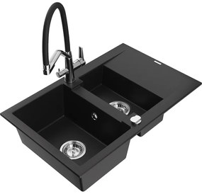 Mexen Gaspar chiuvetă granit 1,5-camere cu picurător și baterie de bucătărie Duo, negru - 6507-77-671701-07