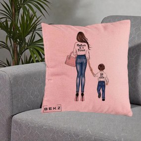 Cadou pentru Mama - Perna Personalizata, Model Mother of a Prince, 40x40 cm, Roz, Husa Detasabila, Perna Inclusa, BEKZ®